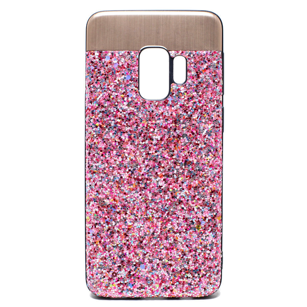 Galaxy S9+ (Plus) Sparkling Glitter Chrome Fancy Case with Metal Plate (Pink)